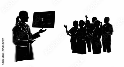 Scientist presents innovative research findings to attentive colleagues in a modern laboratory setting.