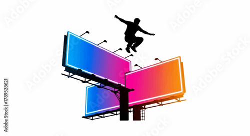 Silhouette of a person leaping across billboards, embodying extreme urban sports and daring feats.