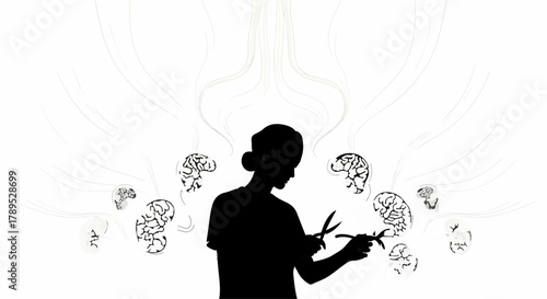 Silhouette of person cutting away abstract brain elements with scissors, symbolizing mental health or creative thought.