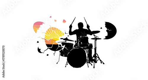 Silhouette of a drummer playing with abstract, colorful bursts of energy around them.