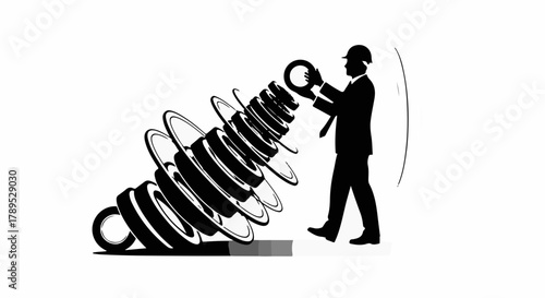 Engineer in hard hat meticulously assembling a complex spring mechanism, emphasizing precision and innovation