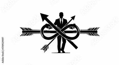 Silhouette of a businessman embracing infinity with arrows of progress