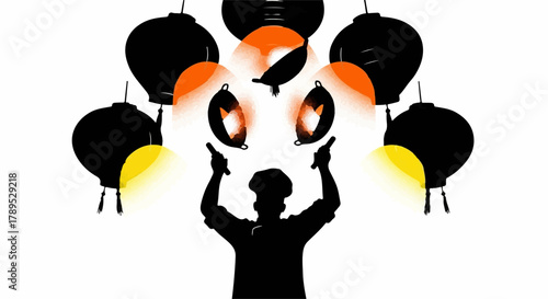 Chef juggling glowing pans and lamps in a theatrical performance