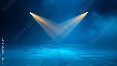 Dramatic Stage Lighting with Yellow and Blue Hues Illuminating a Smoky Atmosphere on a Textured Floor