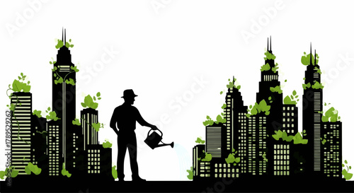 Silhouette of person watering plants on rooftops of futuristic city buildings, symbolizing urban growth and sustainability.