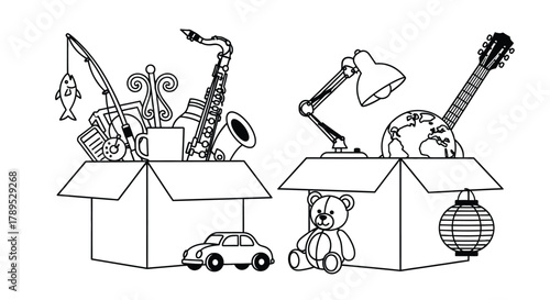 Boxes filled with household items moving packing storage concept vector