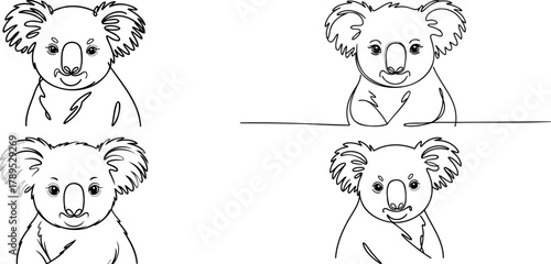 Four koala drawings in a grid, each with slightly different poses and expressions.