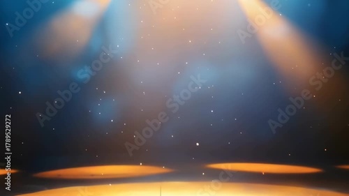 Dramatic Stage Spotlights Illuminating Dust Particles in a Dark Auditorium with Orange and Blue Hues Reflecting on the Floor