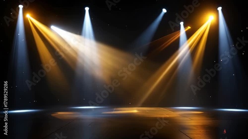 Dramatic Stage Lighting with Yellow and White Beams Illuminating a Dark Empty Venue with Reflective Floor