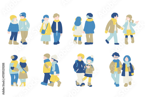 冬服の仲良しカップル[男女]のフラットなイラスト（セット）