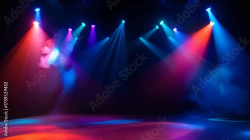 Dynamic Stage Lighting Showcases Vibrant Pink Blue Yellow and Purple Hues with Fog Effects on Empty Performance Platform Creating an