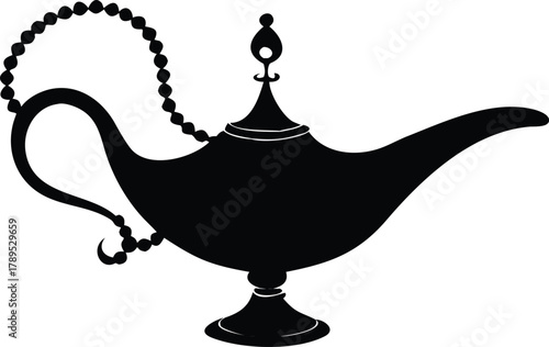A black silhouette of a classic genie s lamp with beaded handle