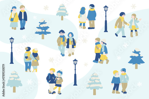 散歩する冬服の仲良しカップル[男女]のフラットなイラスト（セット）