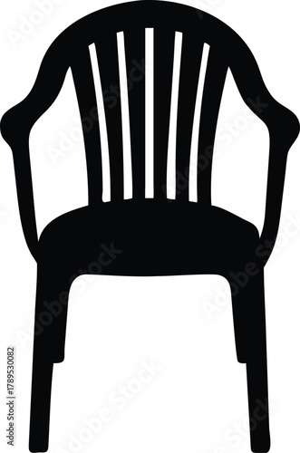 A simple black silhouette of a plastic outdoor chair with armrests shown high quality