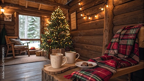 Christmas tree lights cabin cozy holiday winter wood rustic coffee mugs blanket plaid warm festive season decoration interior home celebration relaxation
