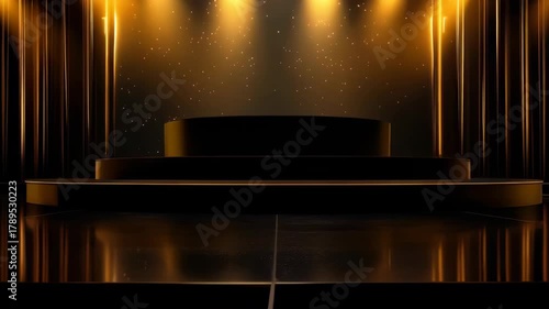 Empty Black and Gold Award Stage Podium With Spotlight And Glittering Particles For Ceremony Or Performance