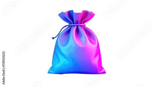 Neon bag, tied top, shimmering, glowing, on black backdrop