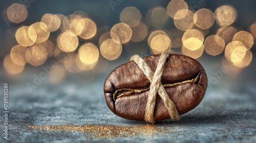 Single aromatic coffee bean wrapped in natural twine illuminated by soft bokeh lights for stock photo use