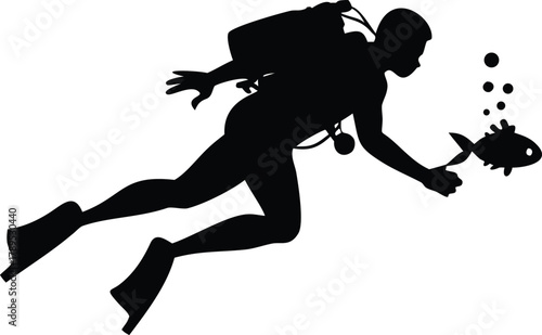 Silhouette of a scuba diver interacting with a small fish underwater exploring high quality