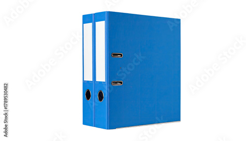 Blue binder with white labels, angled on a black background