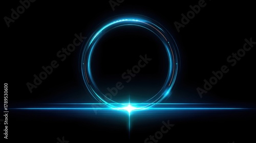 Abstract glowing blue circle portal with bright light flare on black background