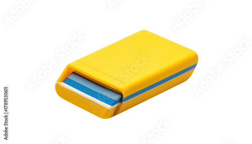 Yellow holder surrounds blue/white eraser on black background