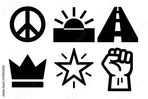 Brutalist Icon Collection. Symbolic Victory silhouette icon set: peace sign, sunrise, open road, crown, glowing star, strength fist.