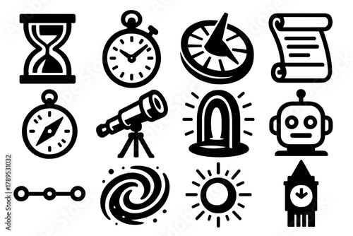 Time Travel Icons. Time Travel Journey silhouette icon set: hourglass, pocket watch, sundial, ancient scroll, old compass, telescope, futuristic portal, robot head, timeline,