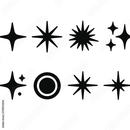 Brutalist Sparkle Icons. Bright Sparkles Pack silhouette icon set: star glow, sparkle rays, glitter burst, shimmer wave, twinkle scatter, radiant spark, glowing orb, light flare