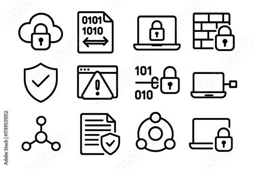 Secure Data Network Icons. Data Transmission Security linear icon set: cloud icon, lock symbol, data flow, encryption pad, secure laptop, firewall wall, shield badge, warning popup