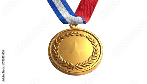Golden medal featuring a laurel wreath, star, ribbon