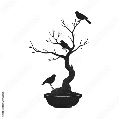 Ink wash painting of birds on a leafless bonsai tree in a pot. Traditional oriental ink painting sumi-e, u-sin, go-hua. Translation of hieroglyph - zen.