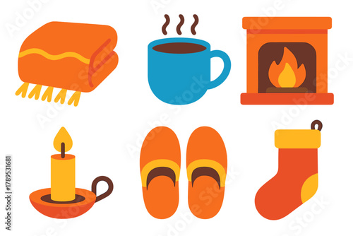 Cozy Winter Essentials. Warm Winter Blanket flat icons: Blanket, Hot Cocoa, Fireplace, Candle, Slippers, Stocking.