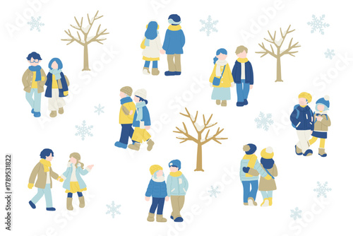 雪の日に散歩する冬服の仲良しカップル[男女]のフラットなイラスト（セット）