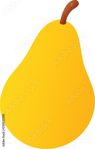 A bright yellow pear with a brown stem presents a simple fruit