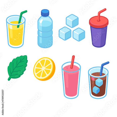 Isometric Beverage Icons. Refreshment Set modern flat icons set: lemonade glass, water bottle, ice cubes, straw cup, mint leaf, citrus slice, smoothie glass, cold drink
