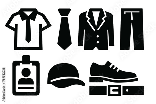 Bold Uniform Icons. Uniforms Essentials silhouette icon set: shirt, tie, blazer, pants, badge, hat, shoes, belt.