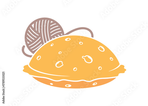 Konjac beauty sponge with a thread icon. An outline illustration of eco-friendly natural tools. A flat, isolated vector image on a white background. A lying porous sponge for facial cleansing.