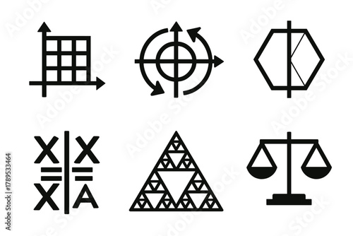 Mathematical Icon Set. Mathematical Symmetry silhouette icon set: coordinate grid, rotational axes, polygon reflection, symmetry equation, fractal geometry, balanced diagram.