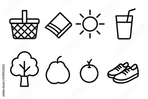 Picnic Icon Set. Weekend Outdoor Set linear icon set: picnic basket, blanket, sun, drink, fruit, tree, cloud, shoes.