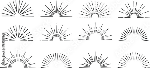 Sun rays line design elements. Vector linear icons in minimal boho style. Half circle shapes logos. Sunset or sunrise symbols set