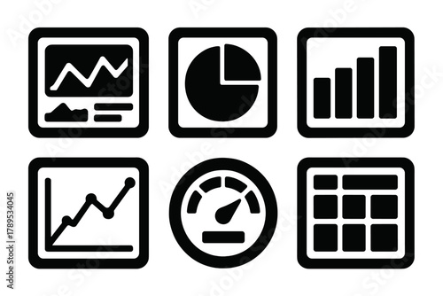 Brutalist Dashboard Icons. Dashboards silhouette icon set: analytics screen, pie chart, bar graph, line chart, KPI meter, data table.