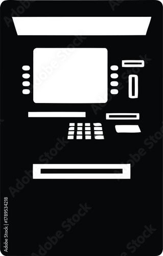 An illustration of an atm machine, a selfservice banking terminal, with a screen, keypad, and card slot.
