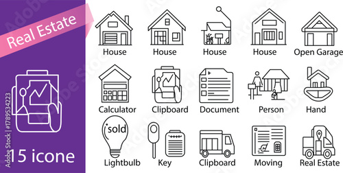 Real Estate Business Outline Icons Set for Property Sales, Housing, and Mortgage Services.