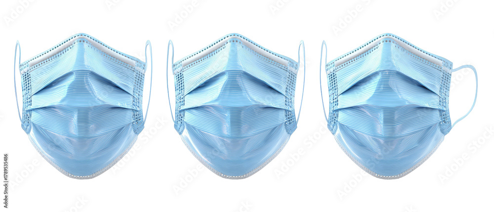 Obraz premium Three blue surgical masks arranged in a row, showcasing their design and structure, set against a clean white background, ideal for health-related articles and safety promotions
