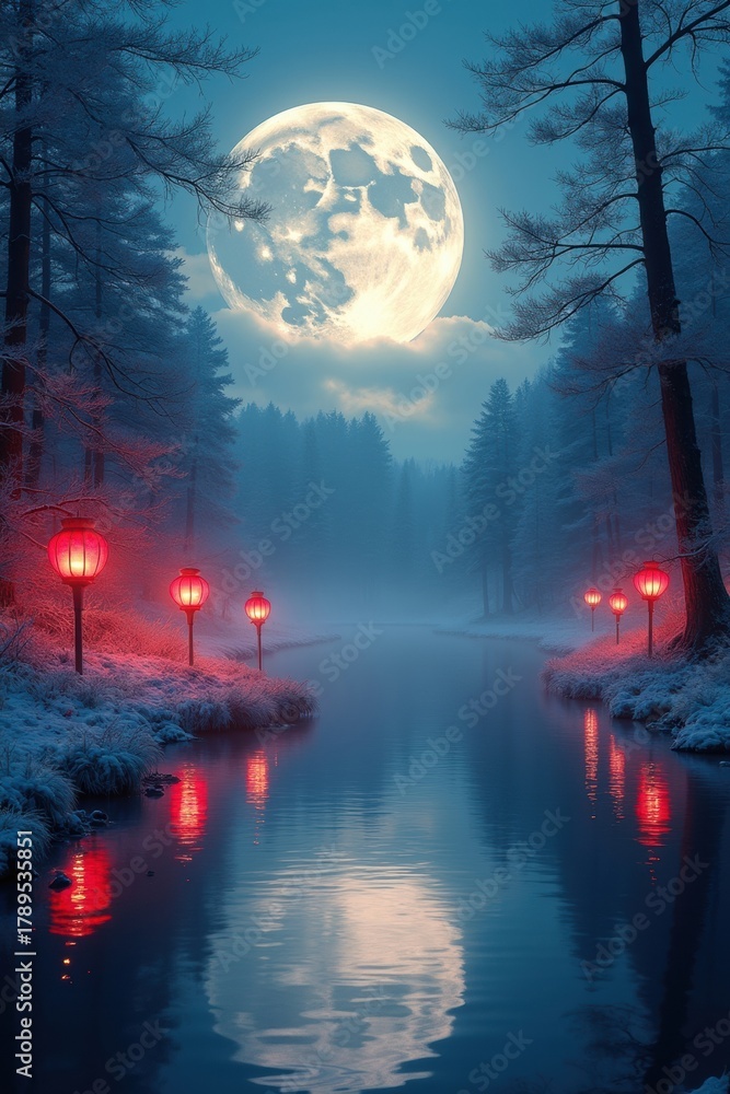 Fototapeta premium Mystical forest scene with full moon and glowing lanterns reflecting in water