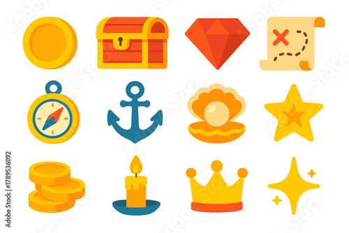 Modern Treasure Icons. Treasure Coins flat icons: gold coin, treasure chest, gem, map, compass, anchor, pearl, star, coin pile, candle, crown, sparkle.