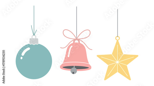 Festive Ornament Trio: A charming composition featuring a trio of ornaments: a round bauble, a bell and a star, each gently suspended, representing the festive season. 