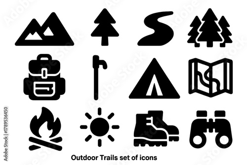 Brutalist Hiking Icons. Outdoor Trails silhouette icon set: mountain, tree, river, forest, backpack, hiking stick, tent, map, campfire, sun, boots, binoculars.
