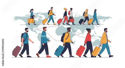 A diverse group of travelers with luggage walking in front of a world map, symbolizing global migration and tourism.